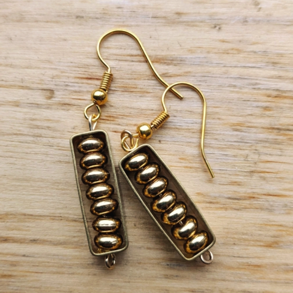 Gold-plated Rectangle-framed Earrings with Layered Gold Rondelles